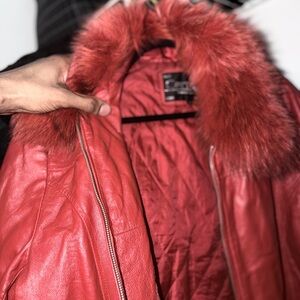 Chic Red Leather Jacket with Faux Fur Collar